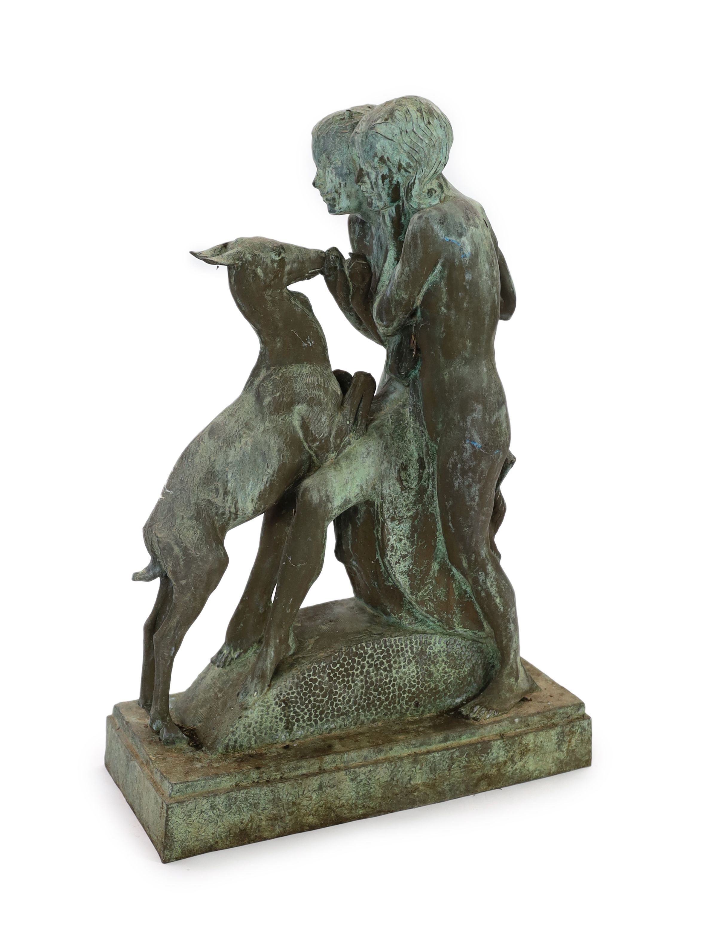 Ferdinand Victor Blundstone (1882-1951). An early 20th century bronze group of a woman and nymph feeding a doe, width 60cm depth 26cm height 87cm